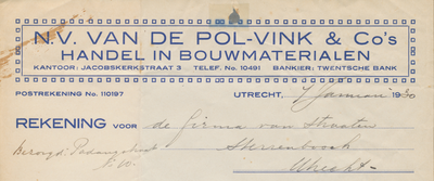 716173 Kop van een nota van de N.V. Van de Pol-Vink & Co’s Handel in bouwmaterialen, kantoor: Jacobskerkstraat 3 in ...